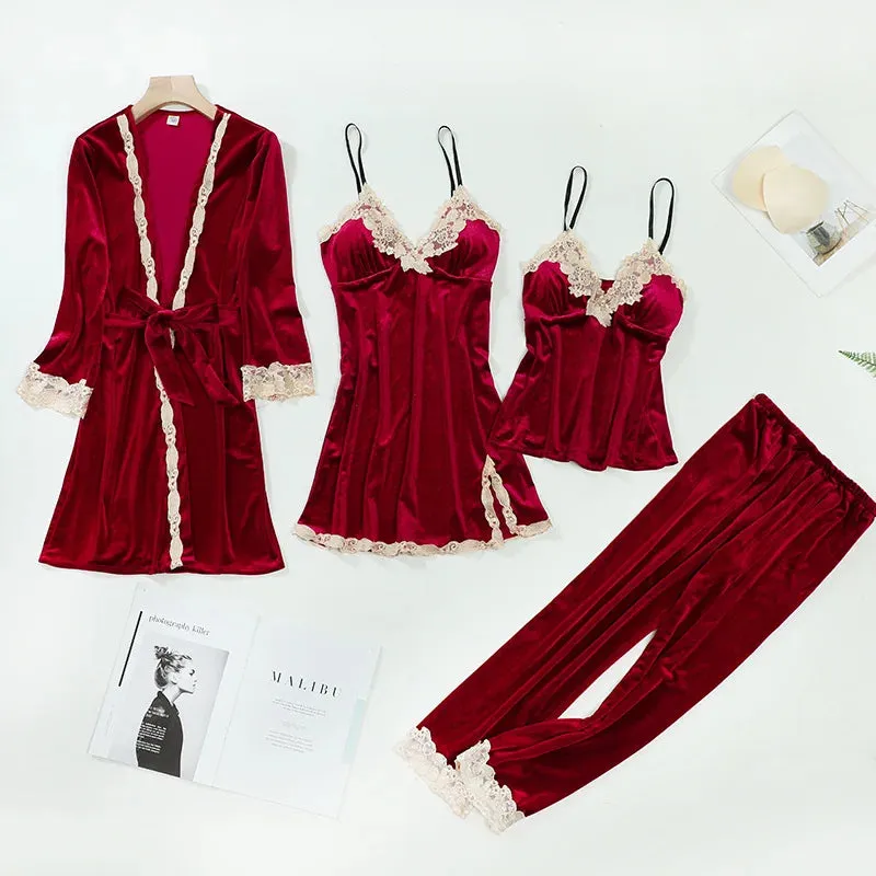 Women 4Pcs TOP Casual Velour Home Pajamas Set