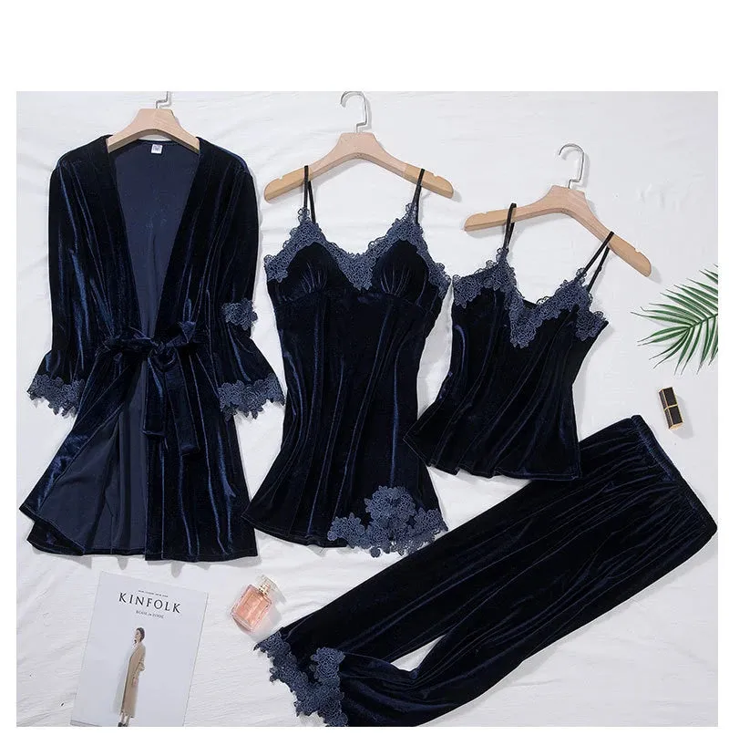 Women 4Pcs TOP Casual Velour Home Pajamas Set