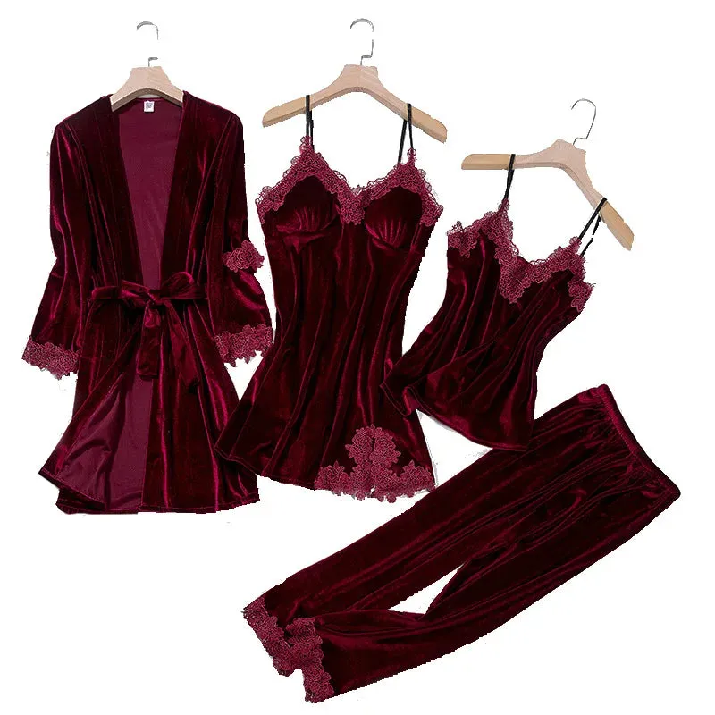 Women 4Pcs TOP Casual Velour Home Pajamas Set