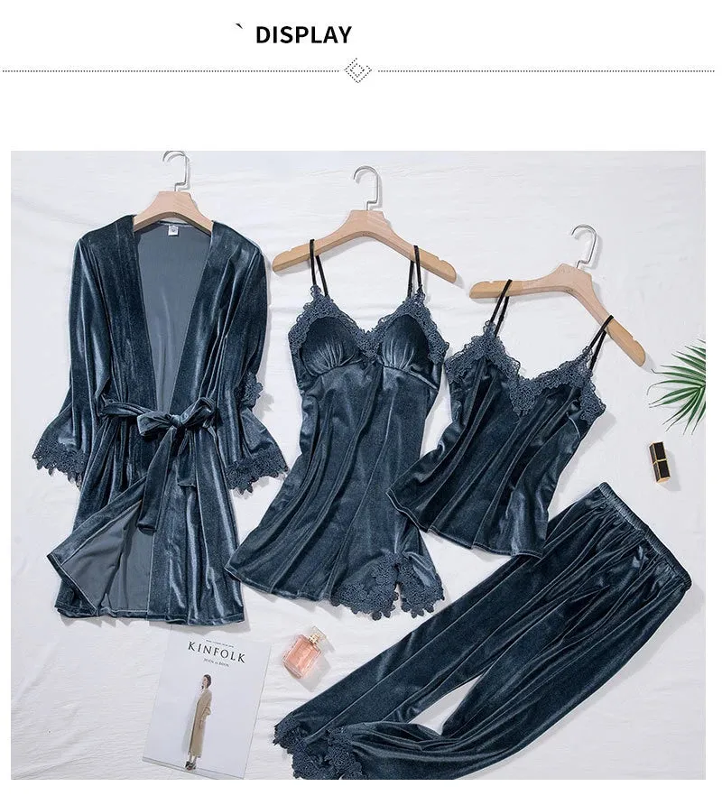Women 4Pcs TOP Casual Velour Home Pajamas Set