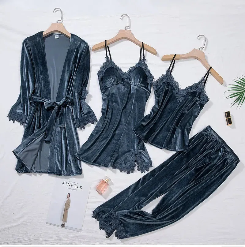 Women 4Pcs TOP Casual Velour Home Pajamas Set