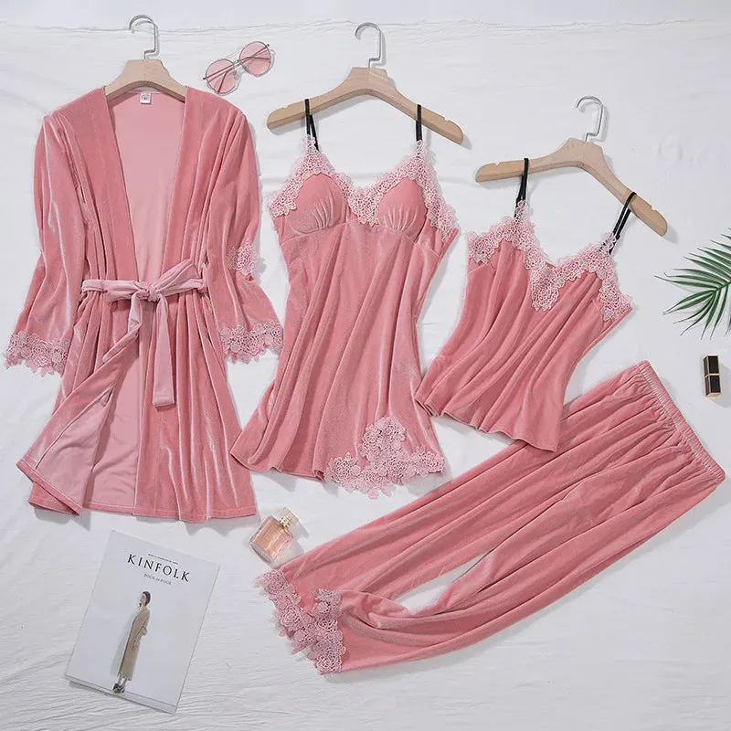 Women 4Pcs TOP Casual Velour Home Pajamas Set