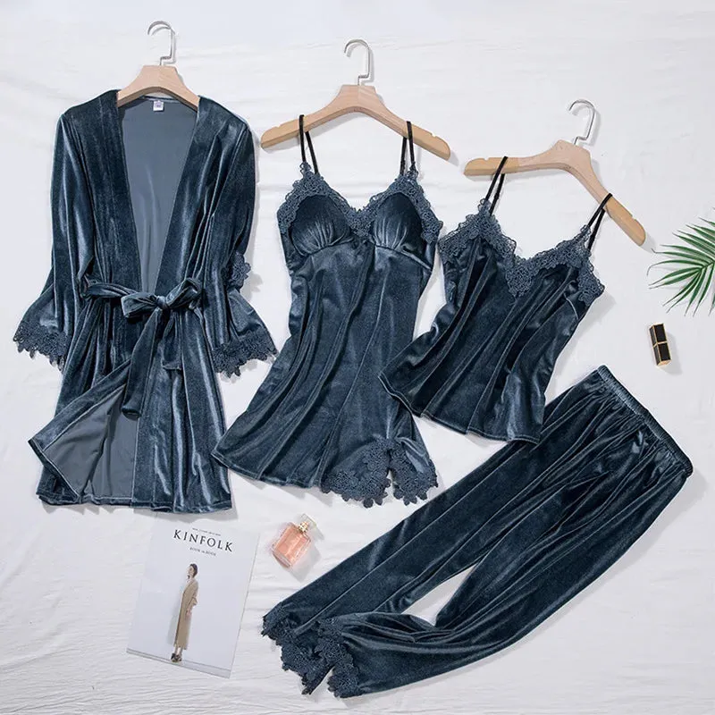 Women 4Pcs TOP Casual Velour Home Pajamas Set