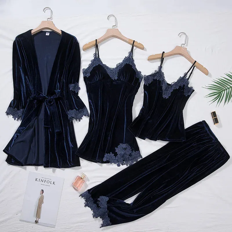 Women 4Pcs TOP Casual Velour Home Pajamas Set