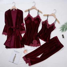 Women 4Pcs TOP Casual Velour Home Pajamas Set
